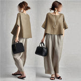 Women's Clothing Japan And South Korea 2025 Summer New Round Necker Mid-Sleeve Top + Two Sets Of Bags Of Broad Leg Trousers On Both