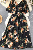 Women Floral Dress Vintage Red/Blue/Pink/White Sexy V-Neck Short Flare Sleeve High Waist Elegant A-Line Vestidos 2023