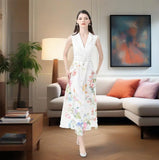 Women's Dress 2025 Holiday Style Suit Collar Sleeveless Lace Floral Print Long