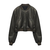 Temperament Casual Spring New Retro Collar Locomotive PU Imitation Leather Bomber Jacket