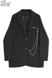 Autumn Winter Elegant Black Gothic Women's Blazer Jacket Casual Fashion Solid Double-breasted Pocket Chain Coat