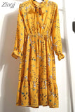 Women Dress Spring Autumn Long Sleeve Floral Print Bow Collar Chiffon Dress Elegant A-line Midi Winter Dress Vestidos Robe