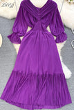 Pleated Party Midi Dress Women Sexy Slash Neck Off Shoulder Flare Long Sleeve Draped Ruffle Vestidos Female