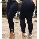 Women Black Slit Beaded Decor High Waist Eyelet Buckled Skinny Long Pants With Belt Casual Slim Fit Trousers