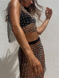Women Swimsuits Bikinis Cover-Ups 2 Pieces Set Pearls Rhinestones O-neck Tank Tops Mesh Sheer See-through Skirts