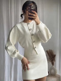 Button-Up Knitwear Jacket + High-Waisted Mini Skirt Suit Female