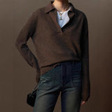 And Winter Gray Bottom V-Neck Small Collar Wool Sweater Women Loose High-End Knitted Shirt With Long Sleeve