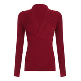 Temperament Cross-Deep V-Neck Design Woolen Top Bottom Bottom Tight Waist Short Long-Sleeved Knitted