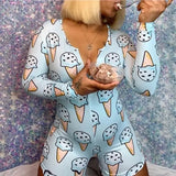 Hot Sale Women Sexy Stretchy Pajamas Long Sleeve V-Neck Pineapple Star Heart Printed Bodycon Summer Lady Jumpsuit
