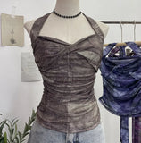 Shot Tie-Dye-Dyed Denim Print Folding Mesh Sling Sling Sling Neck With Bow Striped Backwear