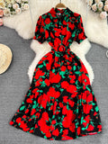 Vintage Women Printed Long Dress Elegant Turn-Down Collar Single Breasted Short Sleeve High Waist A-Line Maxi Vestido