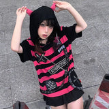 Style T Shirt Summer Goth Striped Graphic Tee Y2k 2000s Egirl Grunge Punk Black Devil Ears Hoodie Women Gothic Alt