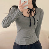 Girl Wind Around The Neck Tidling Design Bow Long-Sleeved T-Shirt Temperament Striped Print