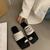 Zingj Version Of Fine Belt Combination One Word Soft Leather Square Head Slippers Female Open Toe Flat Bottom Beach