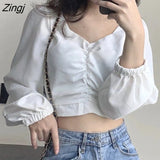 Women Summer Black White Holiday Girls Elegant Long Sleeve V-neck Folds Female Crop Top Street Daily Simple Slim