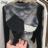 T-shirts Women Harajuku Chic Female Patchwork Ins Simple Inside Slim All-match Autumn Y2k Fashion Camisetas Casual