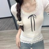 Double-layer Bow Patchwork Short sleeve TeeOutfit