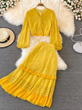 Lace Two Piece Set Vintage V-Neck Puff Long Sleeve Short Blouse + High Waist A-Line Ruffle Skirt Female