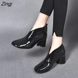Women's Short Boots Casual Thick Heels Shoe High Heels Round Toe Rear Zipper Leather Boots All-match British Style Women's