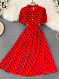 Women Polka Dot Midi Dress Vintage V-Neck Single Breasted Short Sleeve A-Line Vestidos Female Elegant New Fashion