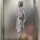 High Quality Fashion Hanging Neck Sexy Casual Diamond Embossed Top + Elegant Full Diamond-Mounted Half-Dress