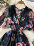Vintage Black Floral Printed Chiffon Long Dress Elegant V-Neck Short Sleeve High Waist A-Line Maxi Vestidos Female