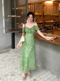 Xixi 2025 Summer New High-Waisted Print Temperament Shoulder Lotus Leaf Side Dress High-End Dress
