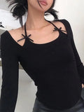 Solid Halter Bow Decor Long Sleeve Tee-Outfit