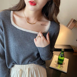 Zingj Versatile Top Retro Square-Neck Long-Sleeve Undershirt With White Loose Sweater Six Wool