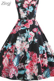 Print Vintage Dress Women Summer Pin Up Retro 50s Rockabilly Sleeveless A-Line Midi Party Dresses
