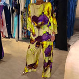 New Women's Temperament Elegant Print Bat Sleeves Wide Leg Trousers Fashion Set