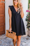 Dress with Pockets 2023 Summer Short Sleeve Lace Dresses for Women Hollow Out Spliced V-neck High Waist Party Dress