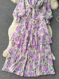 Autumn Women Floral Ruffle Long Dress Bohemian Vacation Beach Maxi Robe Female Elegant V-Neck Lantern Sleeve Robe