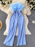 Women Sexy Feather Patchwork Strapless Romper Female Elegant Party Off Shoulder Sleeveless High Waist Blue/Red