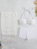 Pure White Mesh Hollow Timeter Strap Bikini Half-Body Skirt Three-Piece Set 2025 New Split