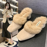 Autumn And Winter Hairy Coarse Slippers Bao Head Female Version Of Temperament Pedaled High-Heeled Shoes 43 Large