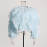 Elegant Short-Colored Women's Top 2025 Autumn And Winter New High-End Splicing Multi-Layer Mesh Shirt