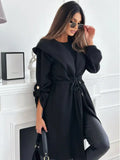 Autumn And Winter New Temperament Fashion Collar Tender Long Solid Color Hair Coat Waist Women's
