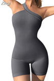 Women Sports Rompers Ribbed Biker Shorts Solid Color Irregular Strap Jumpsuits Workout Fitness Bodycon Playsuits