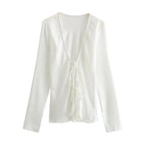 2025 New Women's Loose Bow Trim Silk Satin Texture Shirt Women
