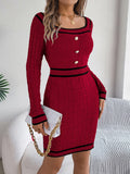 Shooting 2025 Autumn And Winter Elegant Square Neck Button Long-Sleeved Sweater Buns Hip Skirt Women's