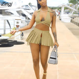 3 Piece Set Outfits Women Fashion Sexy Beach Style Suspender Top+Skirt+ Shorts Suit Three Piece Set