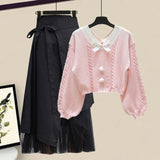 Women Winter Patchwork Long Sleeve Knitted Tops + Asymmetric Skirt 2 Piece Suit Female Party Elegant Two Piece Set 211-0-Outfit