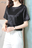 Women's Blouse Satin O-Neck Short shirts Pretty and Cheap White Print Silk Fashion Women Blouses 2023 Elegant Summer Female