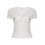 Work Style Fashion Pocket Spliced V-Neck Chicken Eye Decoration Hottie Open Umbilly T-Shirt