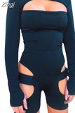 Women Bodycon Buckle Cut Out Biker Rompers Sexy Long Sleeves Hollow Out Clubwear Bodysuit One Piece Short Jumpsuit
