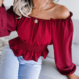 Wind Shooting Autumn And Winter New Sexy Word Collar Under The Shoulder Hem To The Leaves Of The Chiffon Shirt Women's