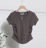 Recommended For The Summer V-Neck Front Shoulder Short-Sleeved T-Shirt For Girls Slimming Hottie Drawstring Irregular Top