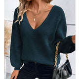 Women's V-Neck Solid Color Sweater Autumn New Long-Sleeved Casual Loose Bow Top
