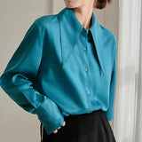 Vintage Satin Silk Women Shirt Turn Down Collar Woman Loose Blouse White Long Sleeve Shirts Blusas Office Lady Tops